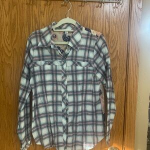 CAbi White Plaid Button-Down Shirt with Blue and Pink Stripes